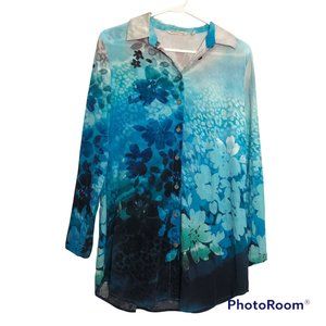Soft Surroundings Silk Jolene Printed Blue Floral Watercolor Tunic Blouse Small